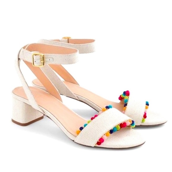 J. Crew Shoes - J Crew Lottie Sandals Size 9.5 Rainbow Pom-Pom Ivory Ankle Strap Buckle Closure